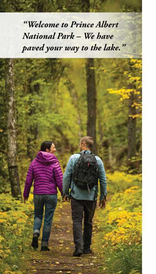 Two people walking on a dirt path in a forest. One is wearing a winter coat, and the other is wearing a backpack