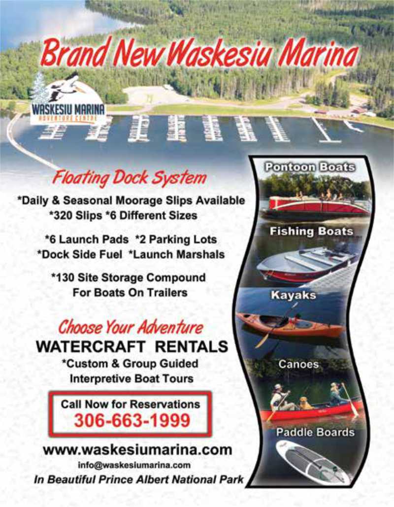 Canoe, kayak, and boat rental information for the Waskesiu Marina