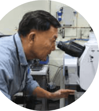 Gary Peng staring through a microscope