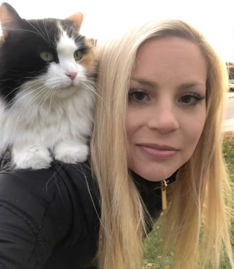 Callico cat named 'Annie', a rescue cat, on the shoulders of a woman